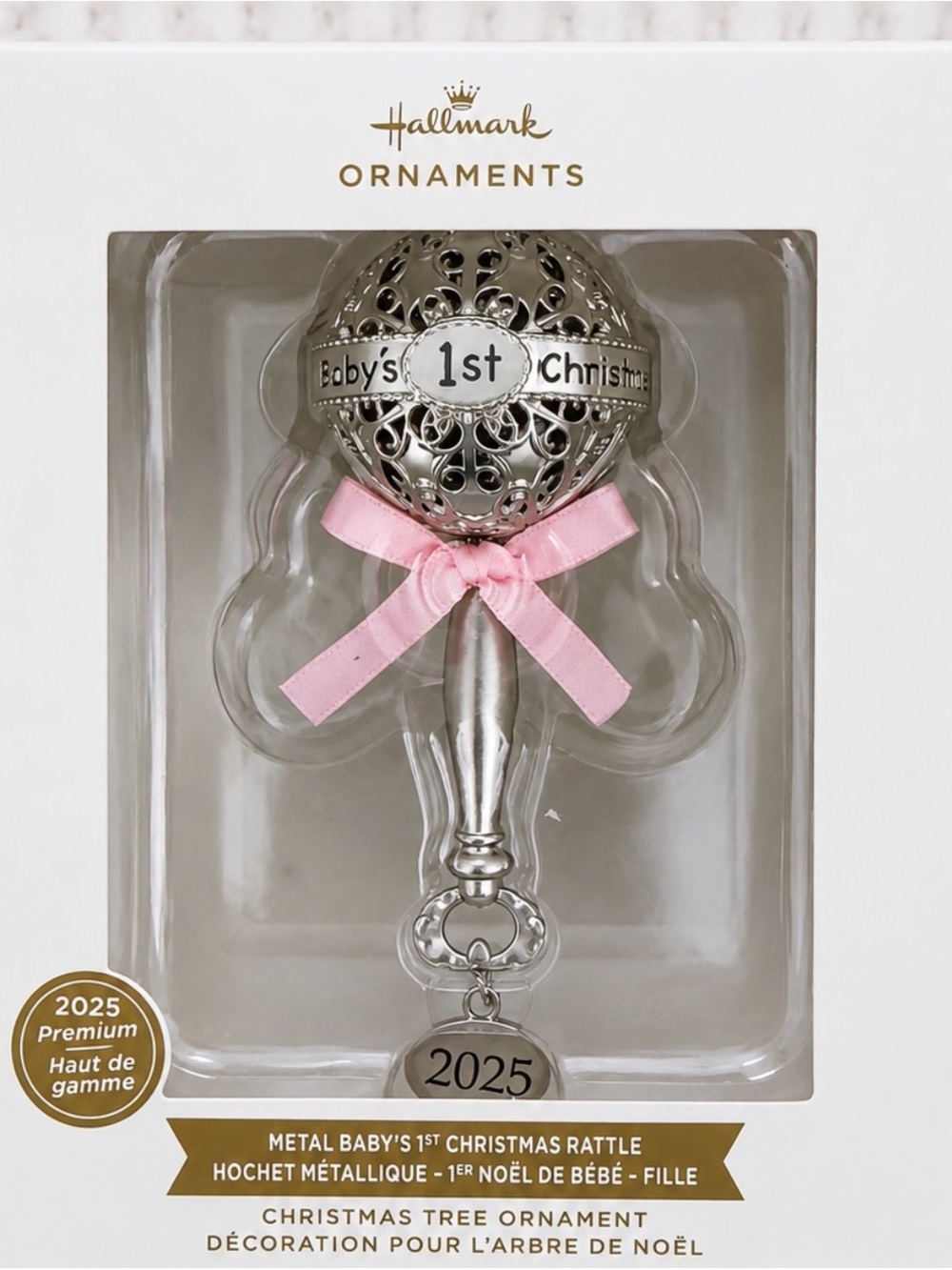 Hallmark Silver and Pink "Baby's 1st Christmas 2025" Rattle Ornament